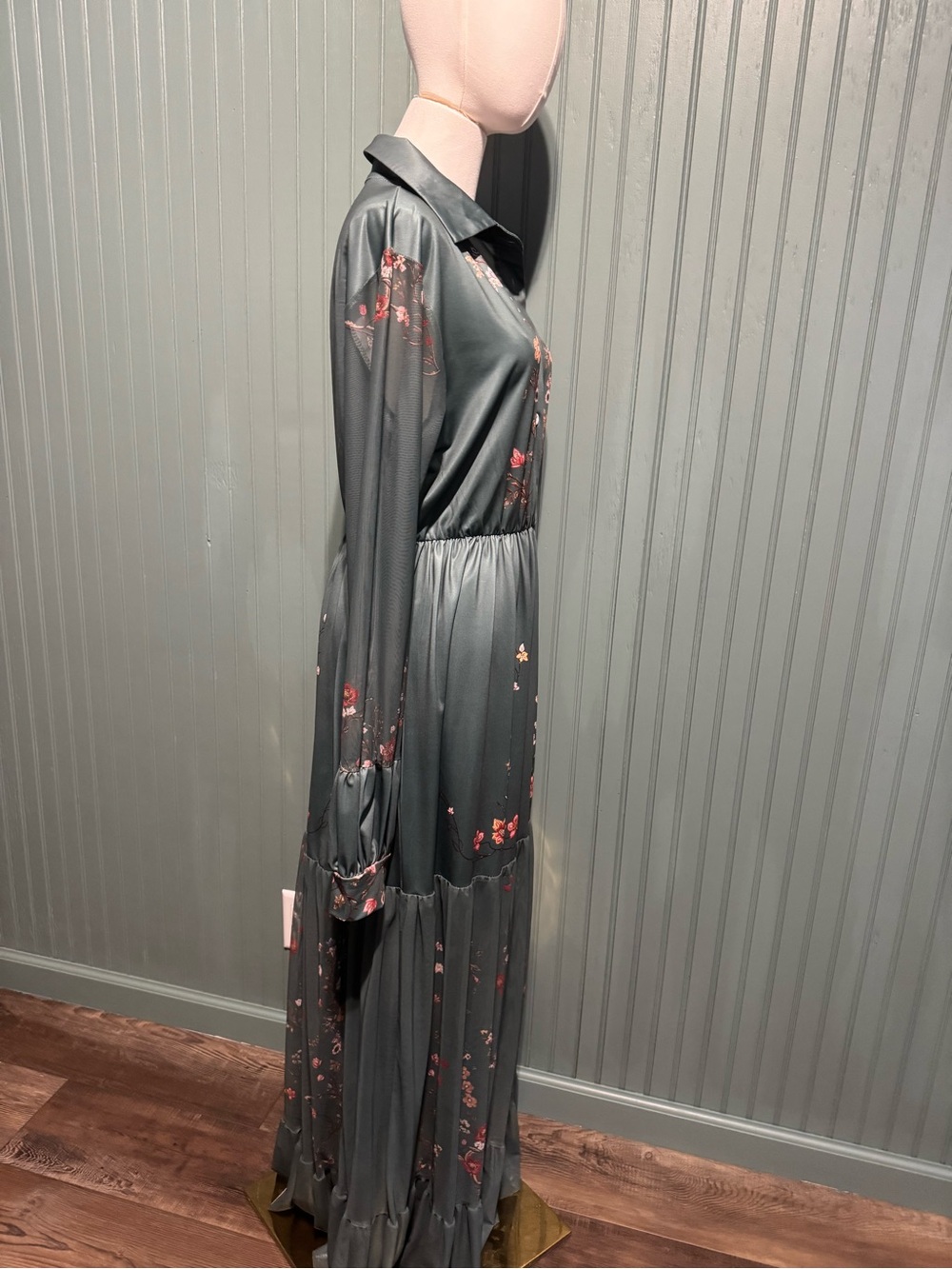 Source Unknown gray green Maxi Dress with Pink & Orange Floral Embroidery - Picture 2 of 5